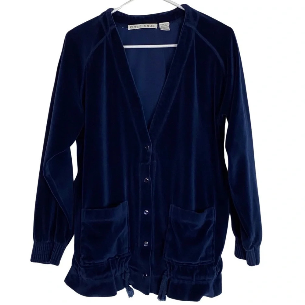 Vintage 90s Velour Grandma Cardigan Size Small Navy Blue Retro Velvet Shirt Top